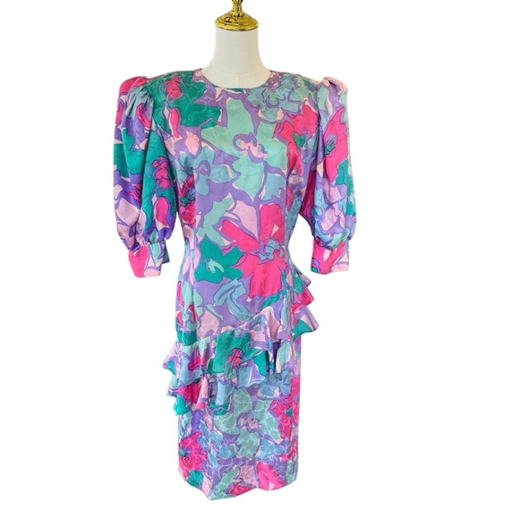 Vintage 80's Flora Kung 100% Silk Floral Dress Pink Green